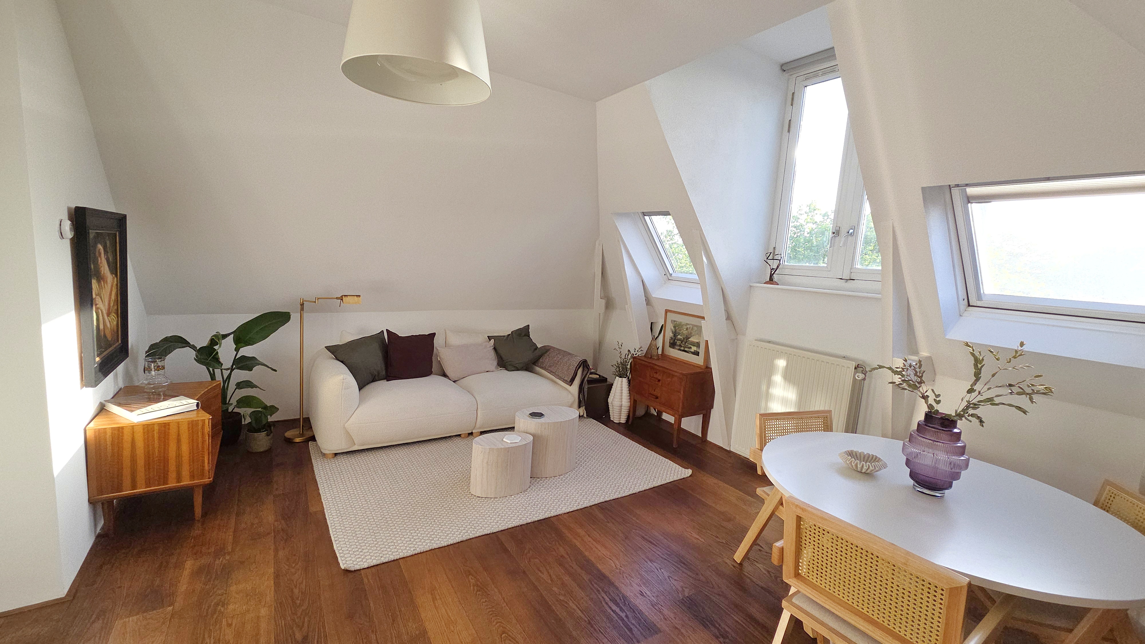 Dining area and sloped ceiling